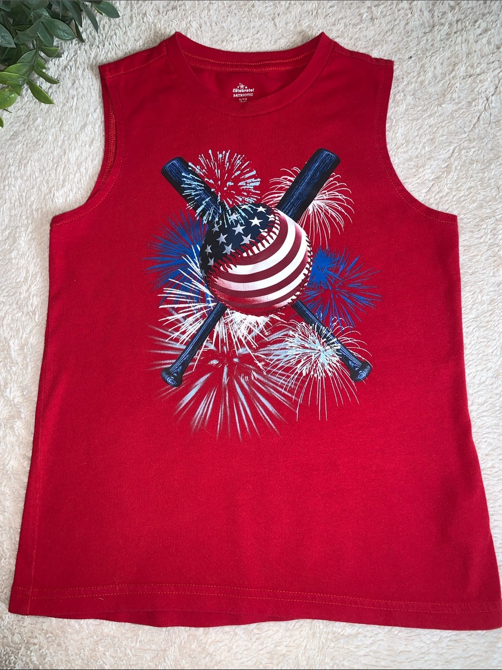 Celebrate Patriotic Baseball Tank Top Boys 6/7 EUC Fireworks Red White Blue